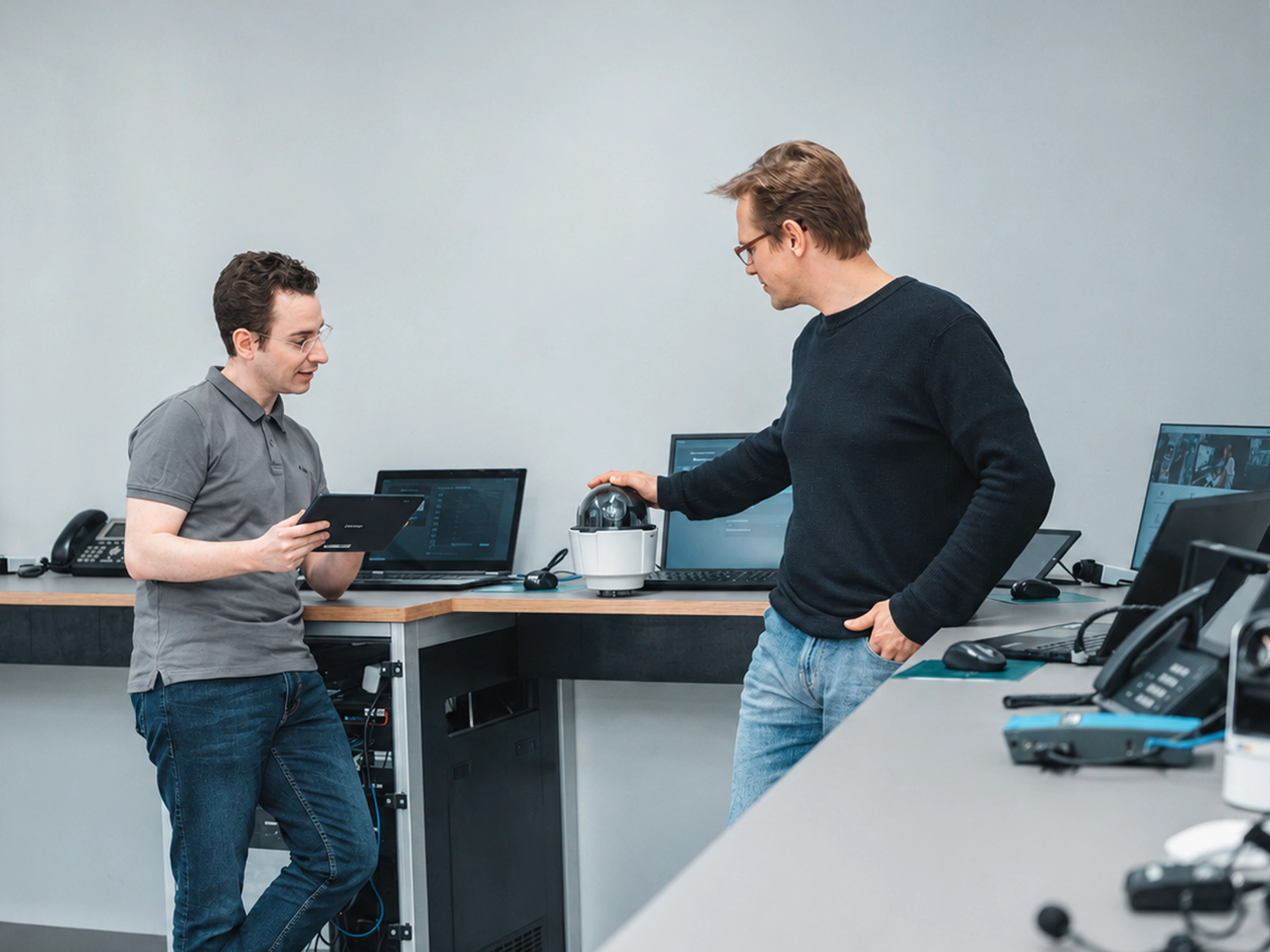 SIMStation team members testing simulation technology in a technical workspace