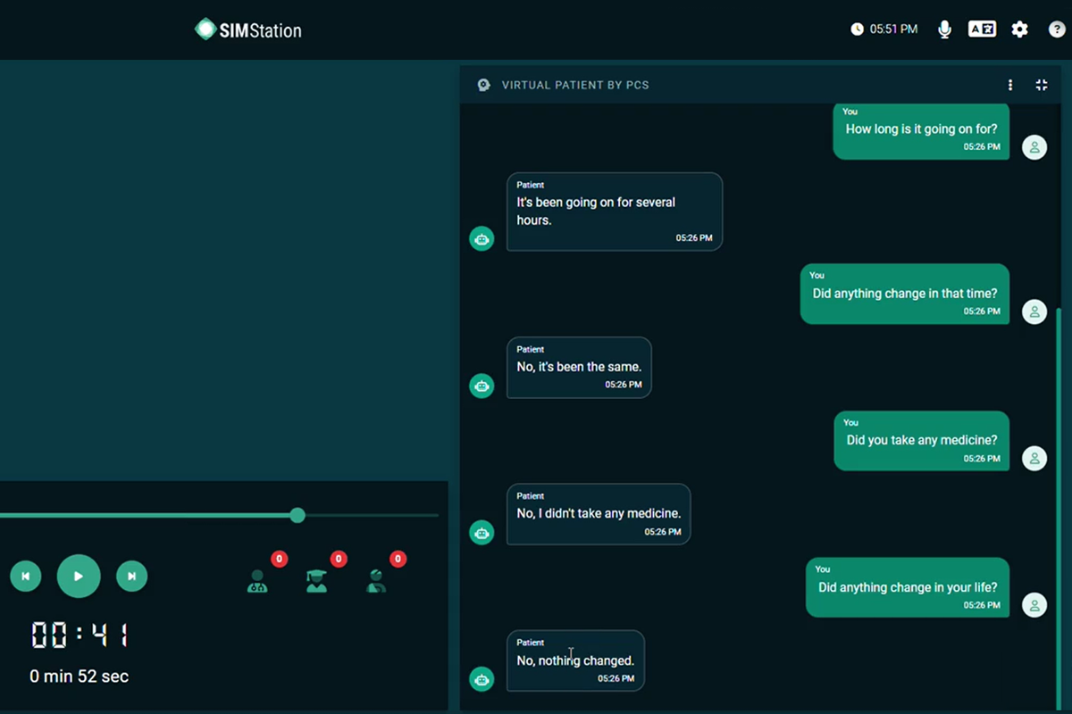 SIMStation interface showing a virtual patient conversation transcript